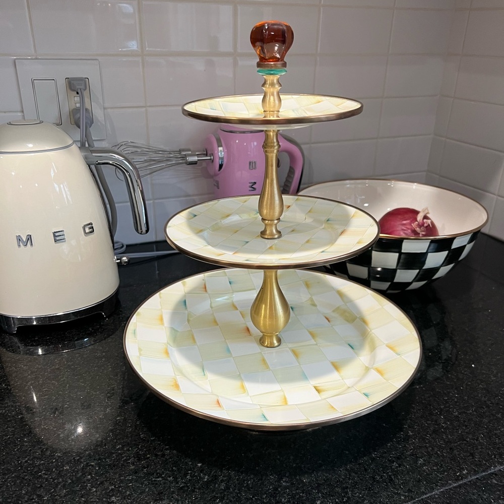 Mackenzie Childs 3 Tier Sweets Tray in parchment check